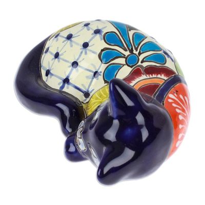 Alternate image for Hacienda-Themed Painted Blue Ceramic Cat Sculpture Dormant Feline