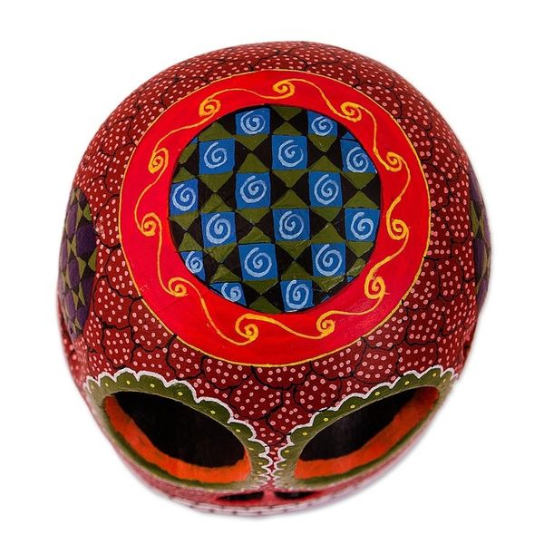 Alternate image for Mexican Hand Painted Terracotta Hue Wooden Skull Figurine Death and Folklore