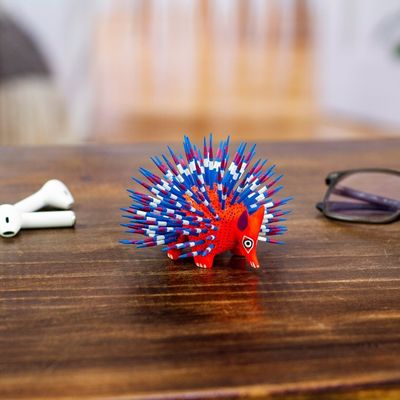 Alternate image for Copal Wood Alebrije Porcupine Sculpture in Red and Blue Cute Porcupine in Red