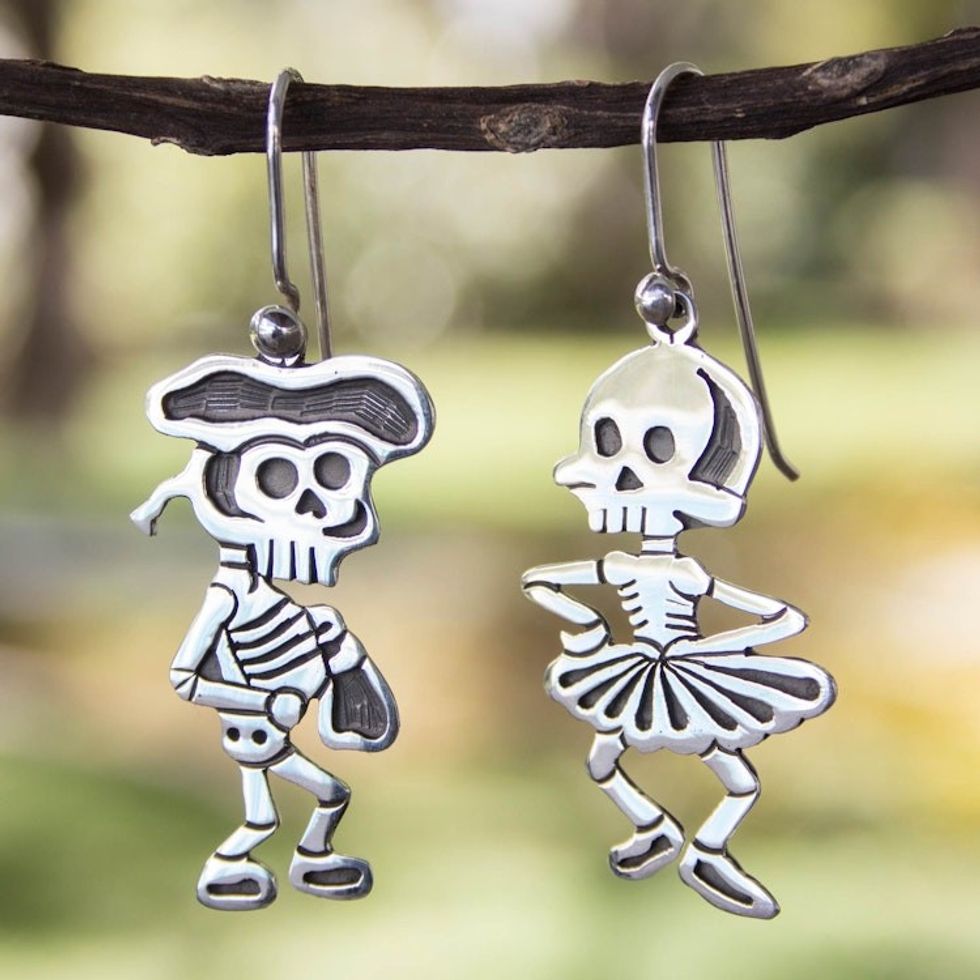 Taxco Silver Skeleton Earrings 'Skeletal Matador Dance'