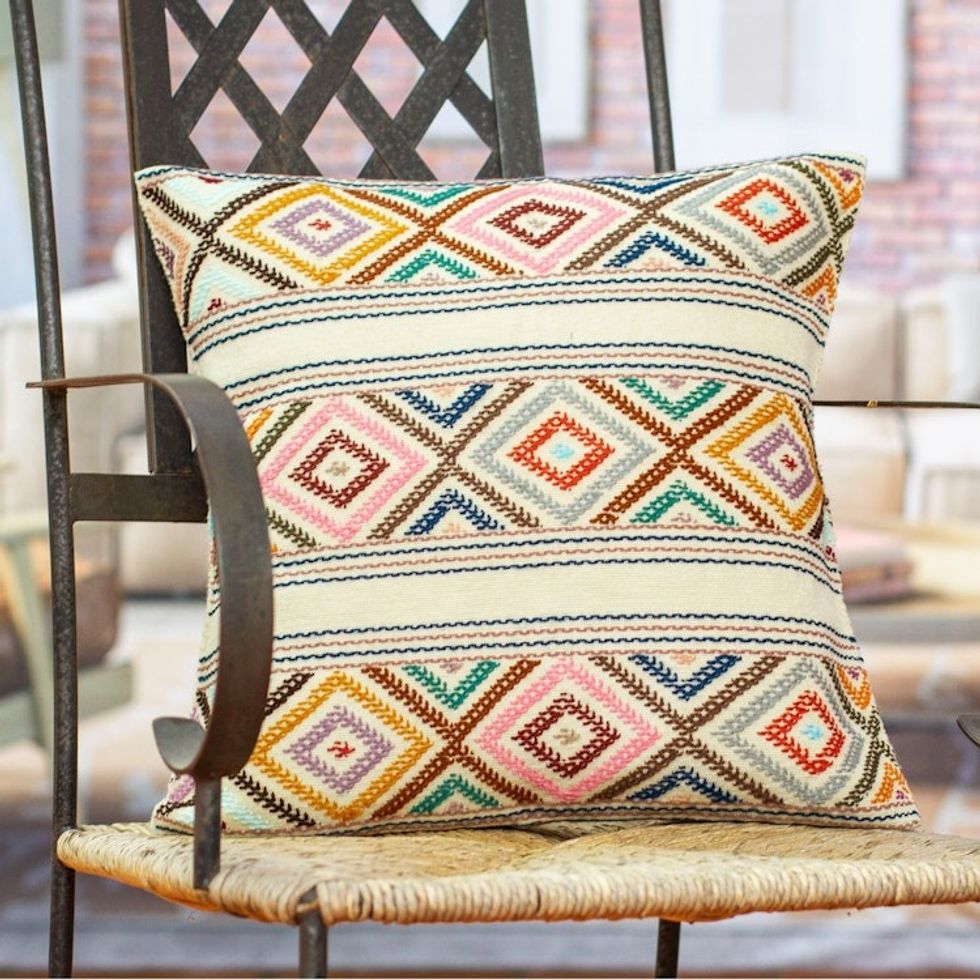 Hand Loomed Cotton Cushion Cover with Geometric Pattern 'Festive Autumn'