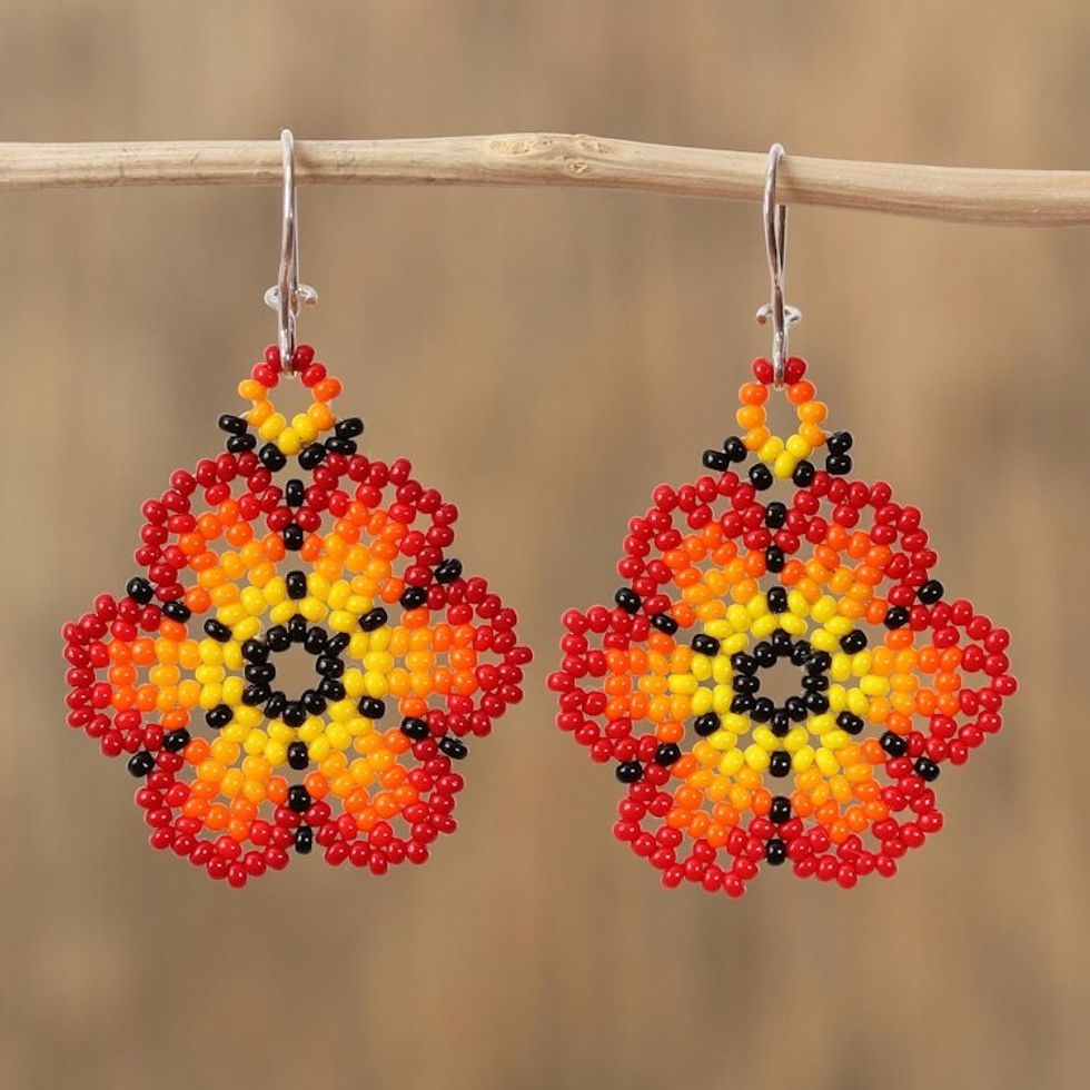 Glass Beaded Floral Dangle Earrings in Red from Mexico 'Blazing Flowers'