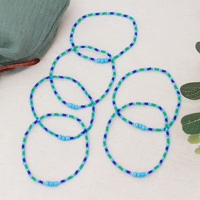 Alternate image for Set of Six Blue and Green Glass Beaded Stretch Bracelets Green Euphoria
