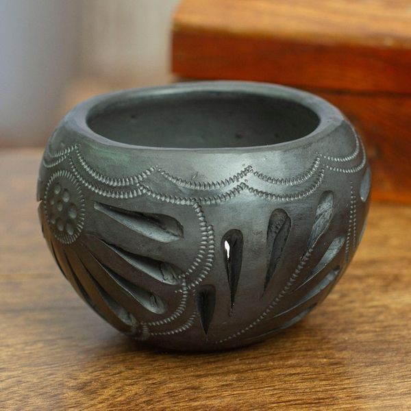 Alternate image for Mexican Barro Negro Flower Pot with Peacock Motifs Peacock Luxury