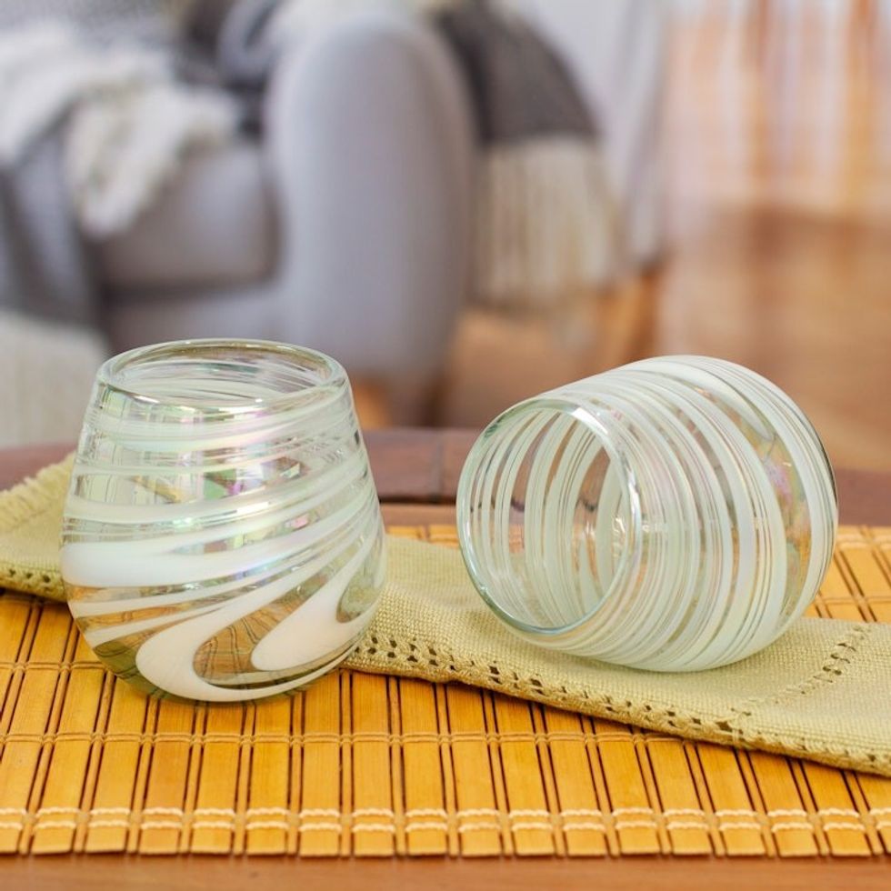 Pair of Stemless Wine Glasses Handblown from Recycled Glass 'White Soire'
