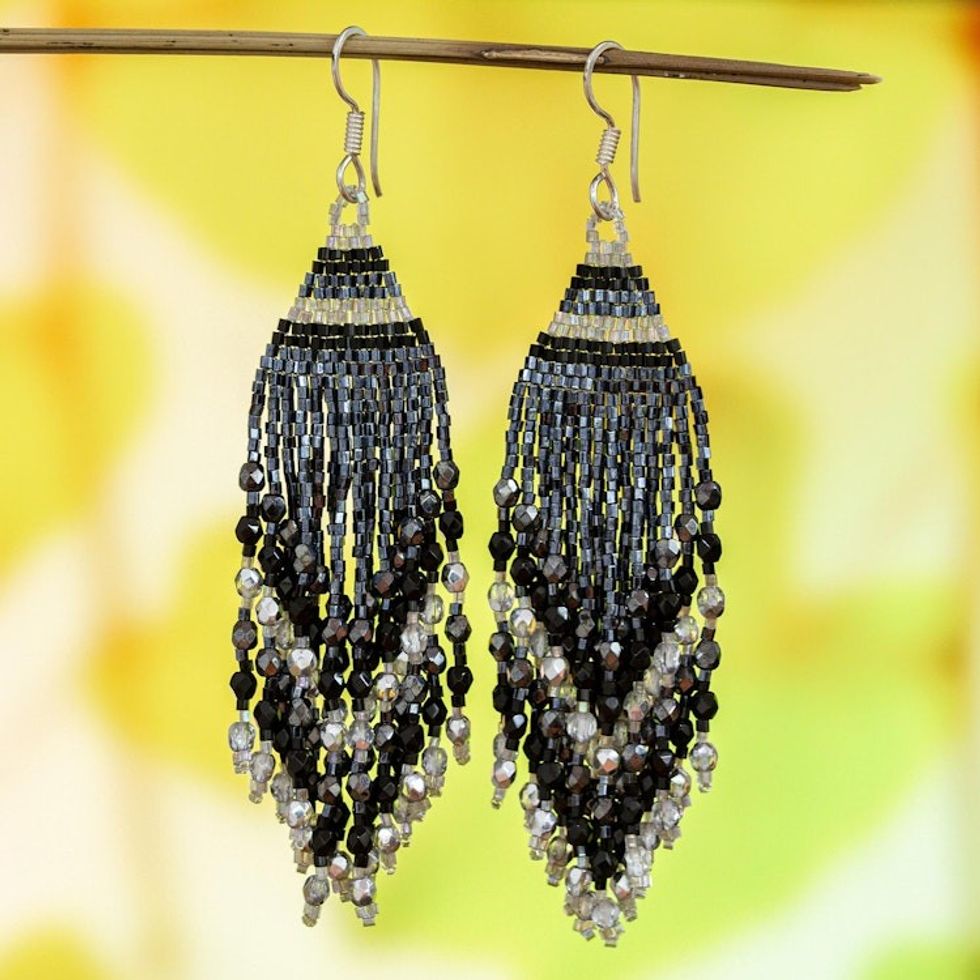 Huichol Silver Grey  Black Beadwork Waterfall Earrings 'Silver Grey Luxury'