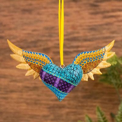 Alternate image for Alebrije Winged Heart Copal Wood Ornament from Mexico Winged Turquoise Heart