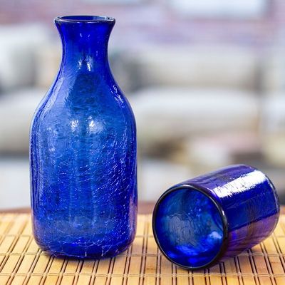 Alternate image for Handblown Recycled Glass Carafe  Cup Set in Blue Pair Textured Cobalt