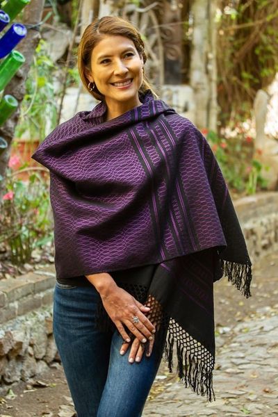 Alternate image for Zapotec Handwoven Black and Purple Rebozo Shawl Fiesta in Black and Purple
