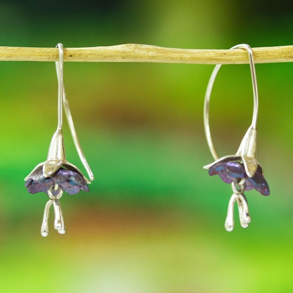 Floral Titanium Plated Sterling Silver Drop Earrings 'Sleepy Flowers'