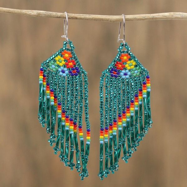 Alternate image for Floral Glass Beaded Waterfall Earrings in Green from Mexico Floral Shower in Green
