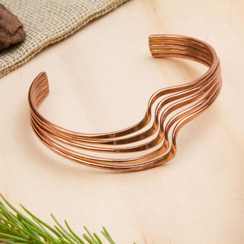 Modern Handcrafted Copper Cuff Bracelet from Mexico 'Brilliant Waves'