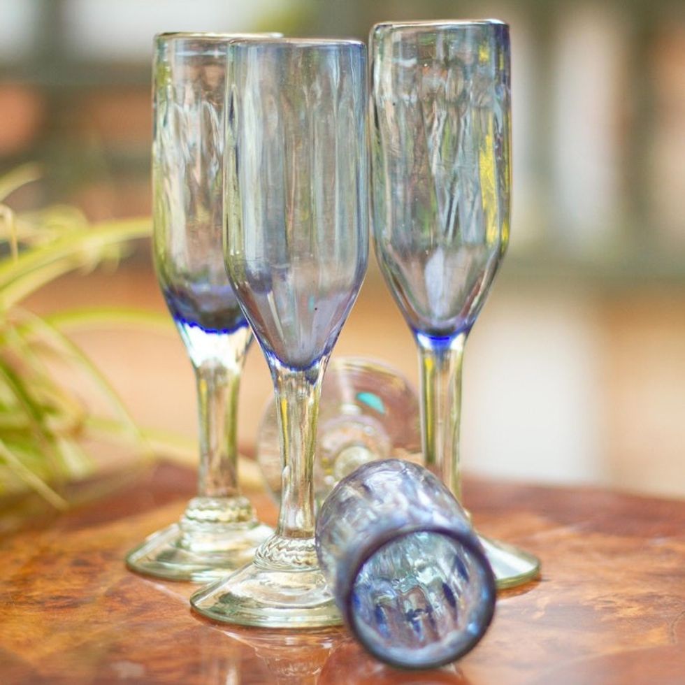 Hand Blown Blue Recycled Glass Champagne Flutes Set of 6 'Fiesta Azul'