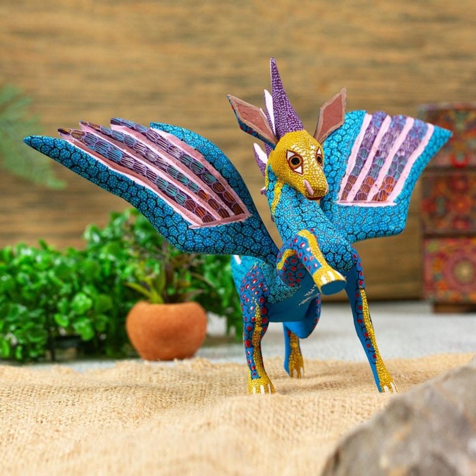 Hand Painted Wood Flying Horse Alebrije in Teal and Purple 'Zapotec Pegasus'