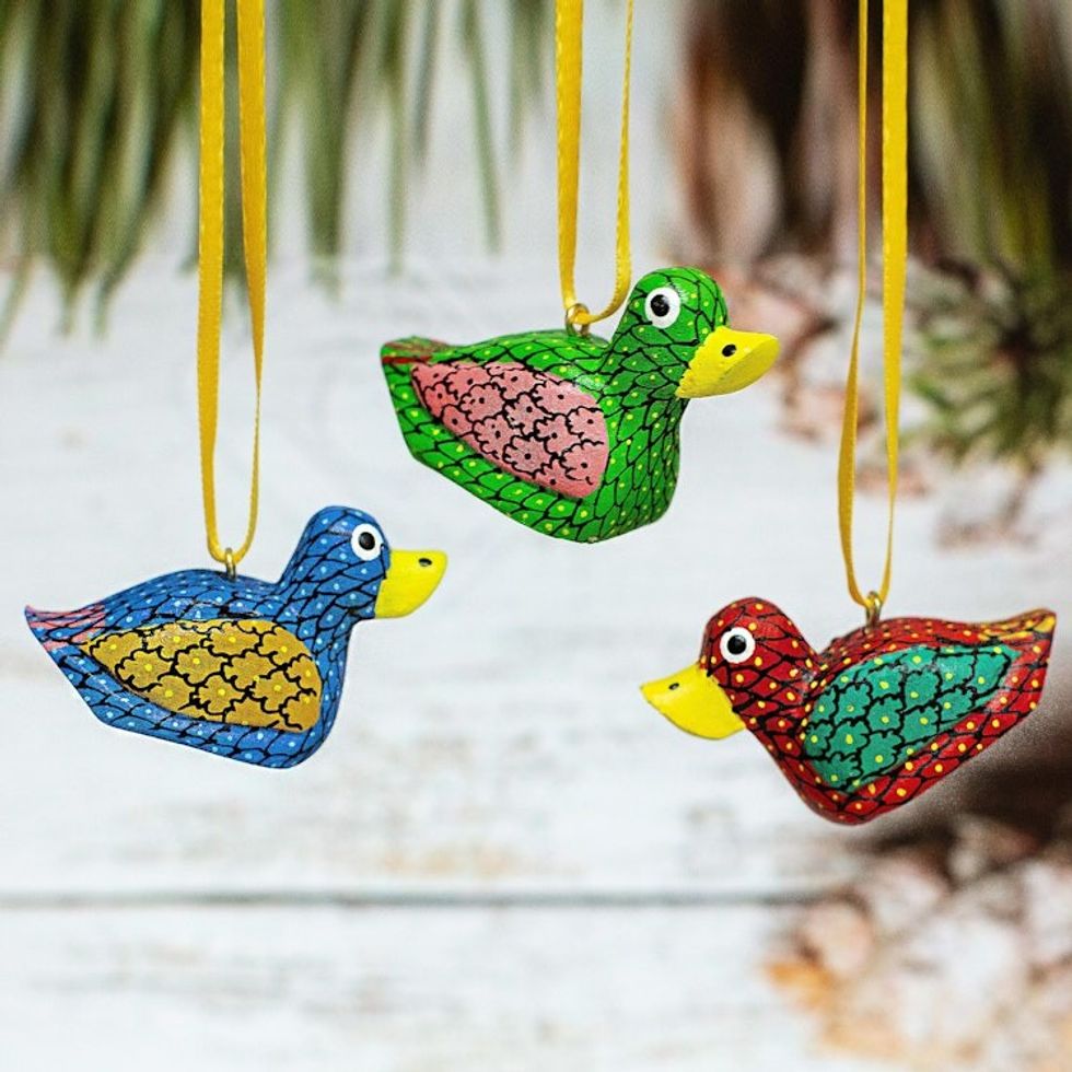 Painted Wood Alebrije Duck Ornaments Set of 5 from Mexico 'Sweet Ducks'