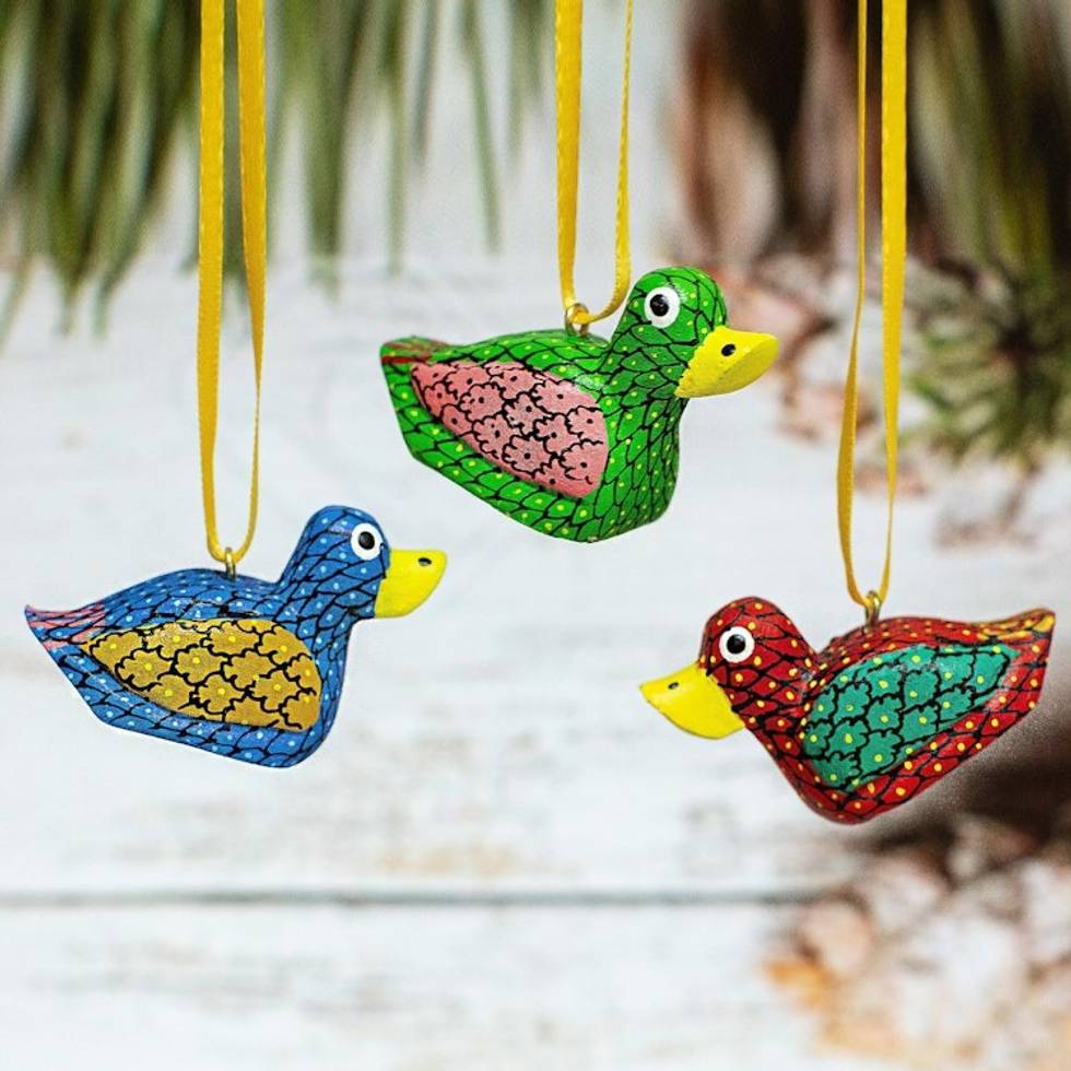 Painted Wood Alebrije Duck Ornaments Set of 5 from Mexico 'Sweet Ducks'