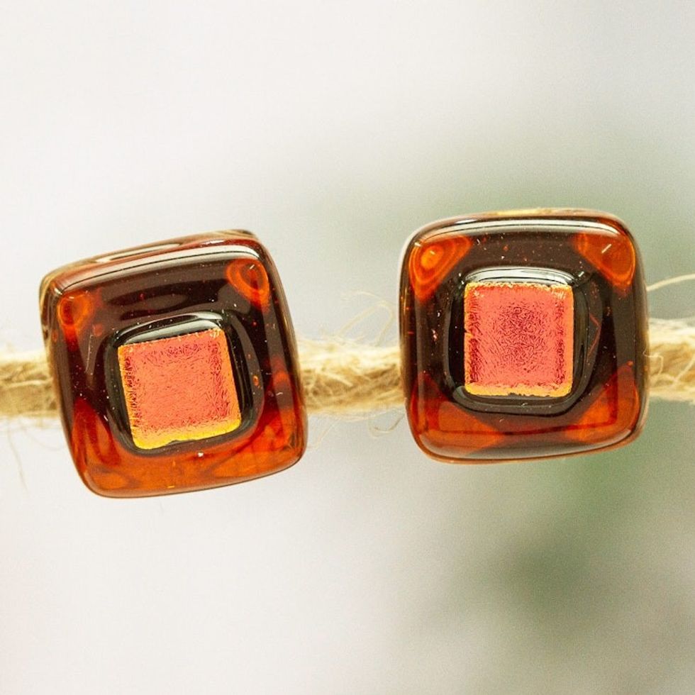 Terracotta Fused Glass Mosaic Stud Earrings from Mexico 'Terracotta Dichroic'