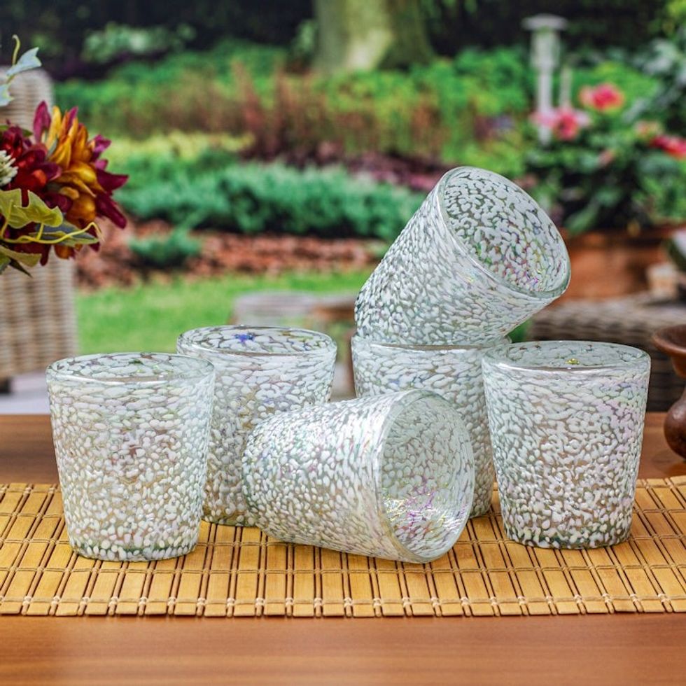 6 Frosted Iridescent Tumblers Handblown from Recycled Glass 'Frosted White'