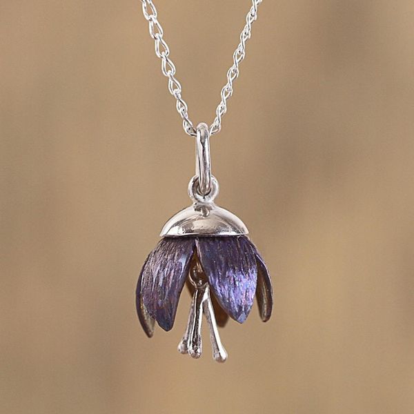 Alternate image for Floral Titanium Plated Sterling Silver Pendant Necklace Button Flower