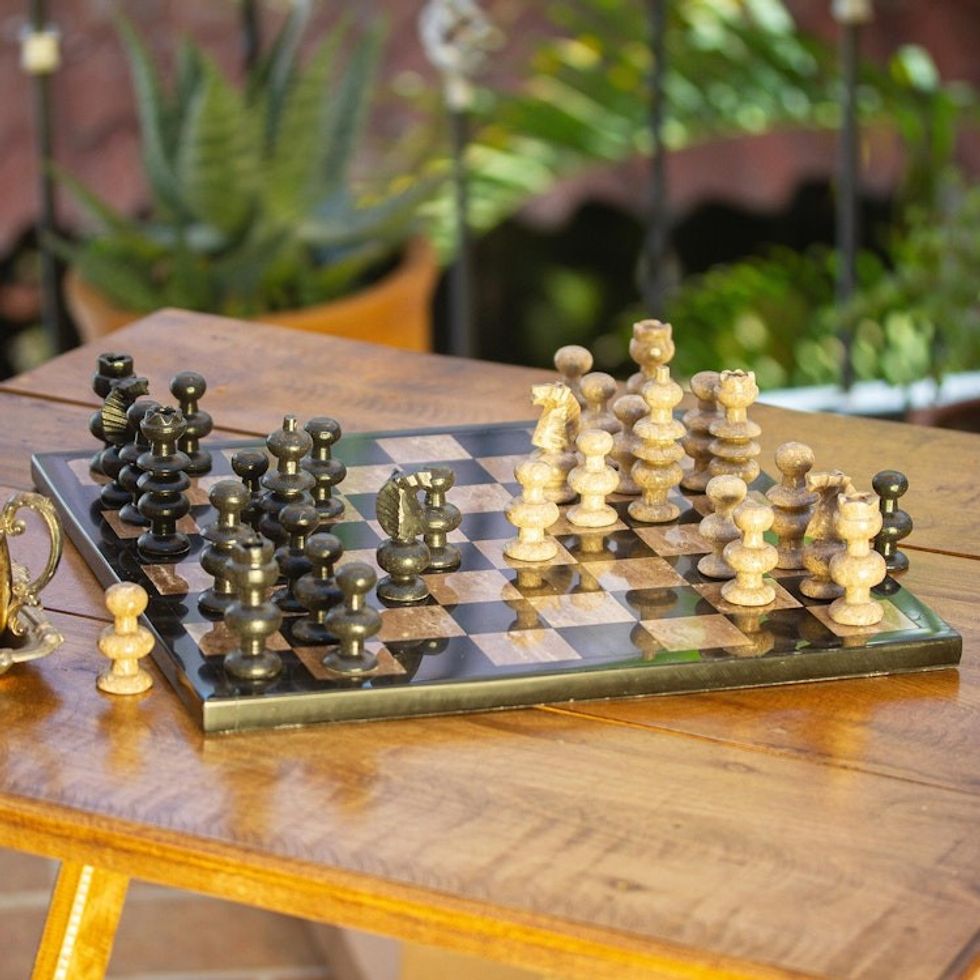 Marble Chess Set in Beige and Black from Mexico 'Worthy Match'