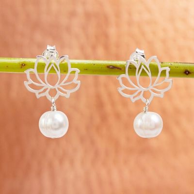 Alternate image for Cultured Pearl Lotus Flower Dangle Earrings from Mexico Glowing Lotus Charm