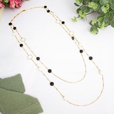 Alternate image for Gold-Plated Cultured Pearl and Onyx Long Station Necklace Dual Glam