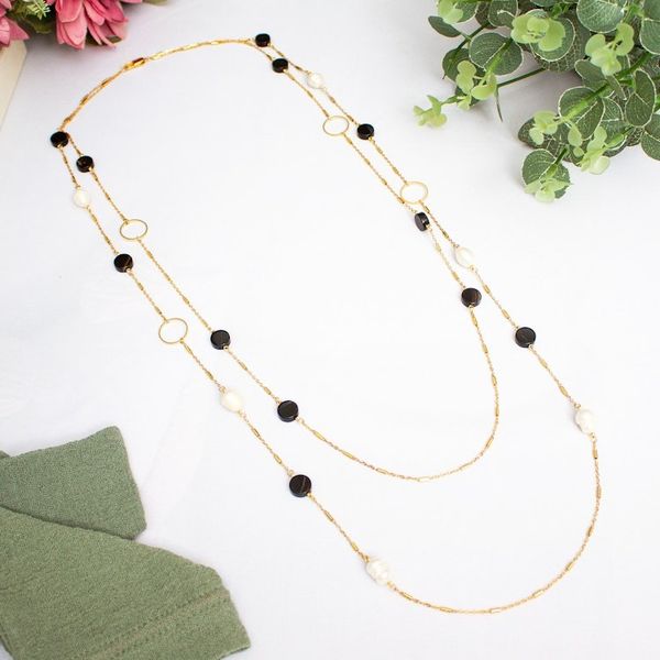 Alternate image for Gold-Plated Cultured Pearl and Onyx Long Station Necklace Dual Glam