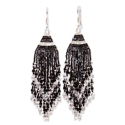 Alternate image for Huichol Silver Grey  Black Beadwork Waterfall Earrings Silver Grey Luxury