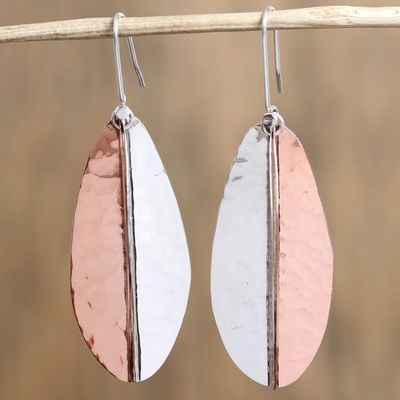 Alternate image for Leaf-Shaped Sterling Silver and Copper Dangle Earrings Rippling Leaves
