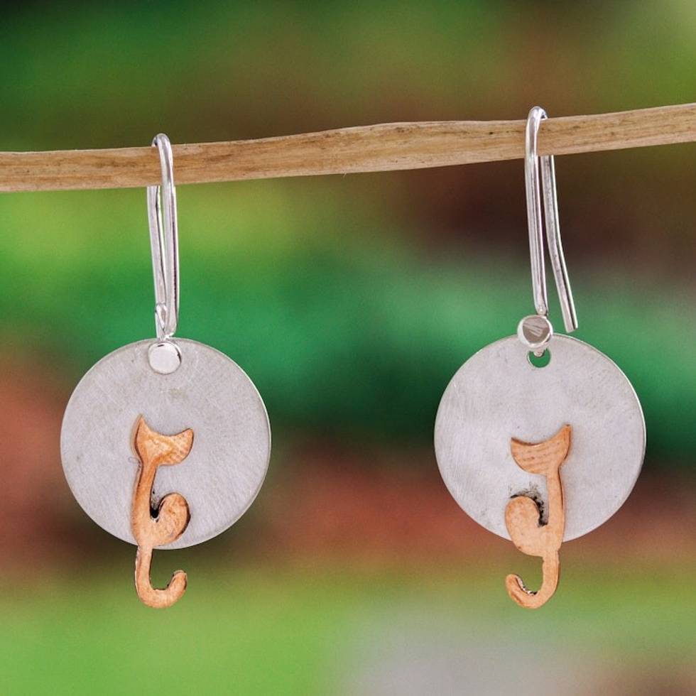 Handmade Silver and Copper Cat Earrings from Taxco 'Cat in the Moonlight'