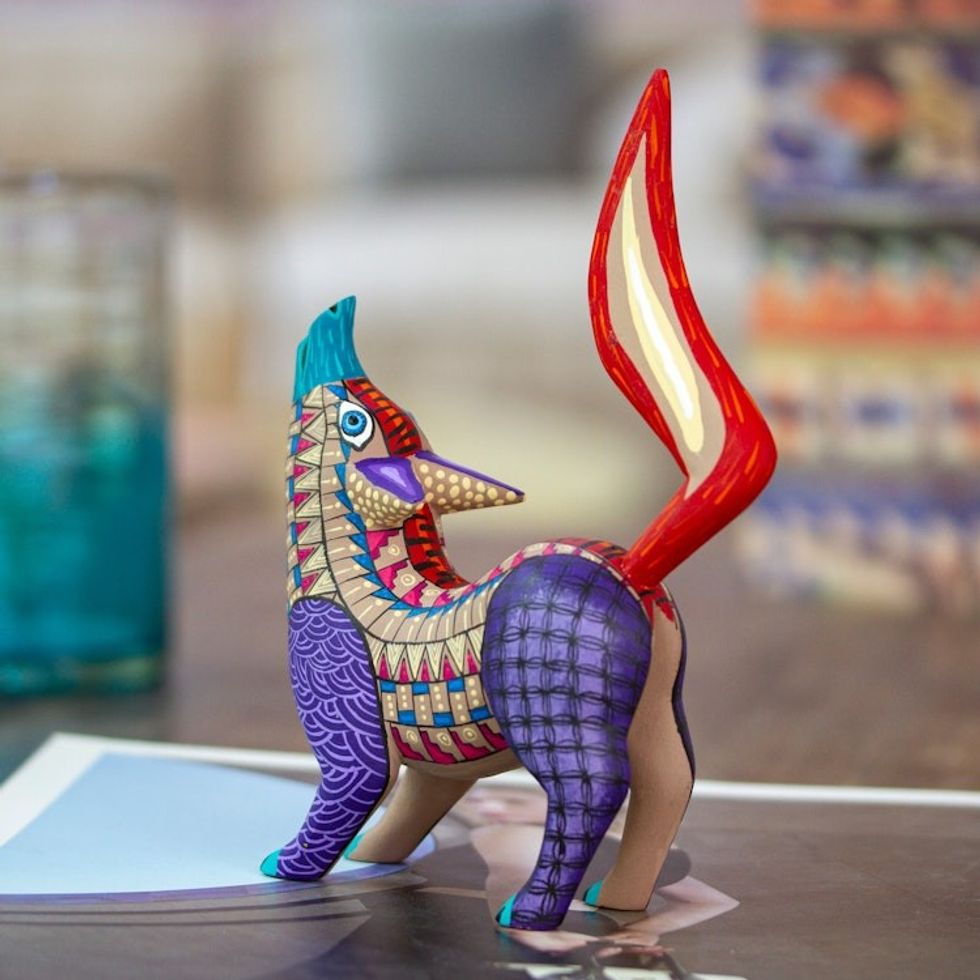 Hand-Painted Copal Wood Alebrije Figurine of Purple Wolf 'Wolf Call'