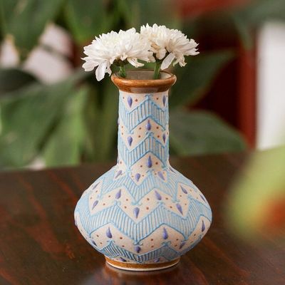 Alternate image for Handcrafted Blue and Ivory Chevron Motif Ceramic Flower Vase Chevron Tears