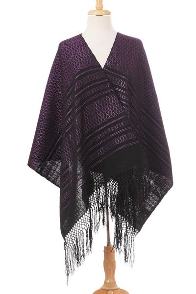 Alternate image for Zapotec Handwoven Black and Purple Rebozo Shawl Fiesta in Black and Purple