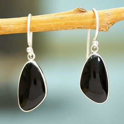 Alternate image for Obsidian and 950 Silver Dangle Earrings with Hooks Volcanic Triangles