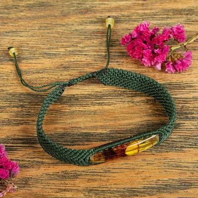 Alternate image for Amber Wristband Bracelet with Viridian Cord from Mexico Age-Old Elegance in Viridian