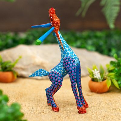 Alternate image for Wood Giraffe Alebrije Hand Painted in Blue and Ochre Stargazing Giraffe in Blue