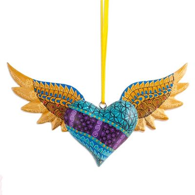 Alternate image for Alebrije Winged Heart Copal Wood Ornament from Mexico Winged Turquoise Heart