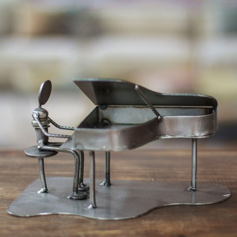 Artisan Crafted Recycled Metal and Car Part Rustic Sculpture 'Rustic Piano Man'