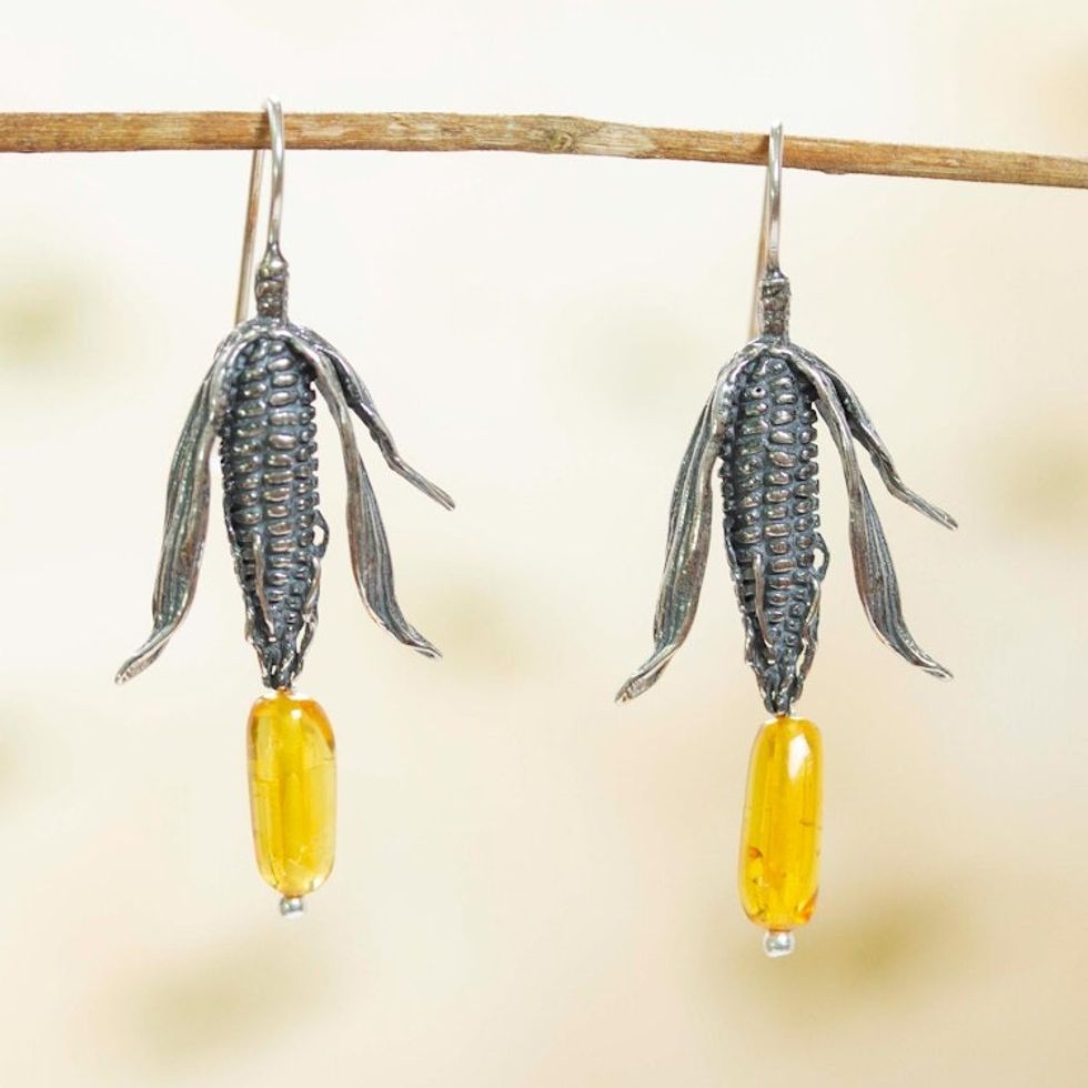 Sterling Silver and Natural Amber Mexican Earrings 'Land of Maize'