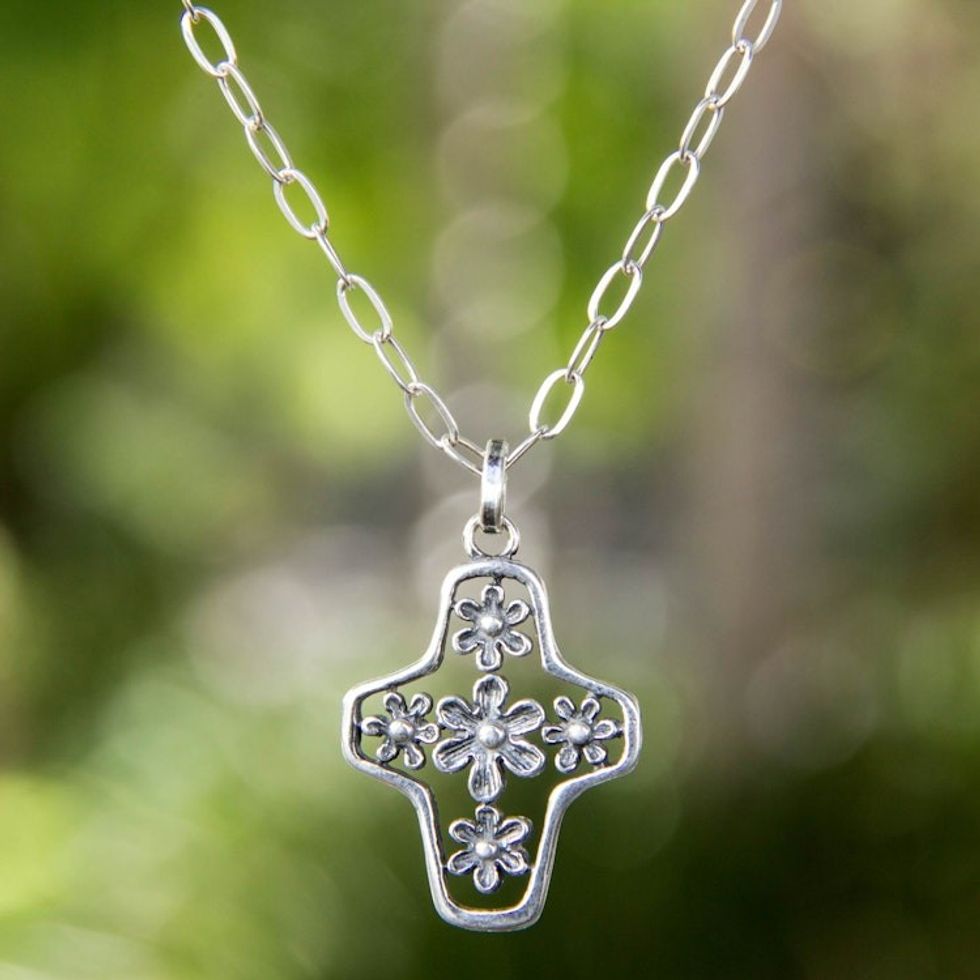 Tree of Life Style Silver Cross Necklace 'Blossoming Faith'