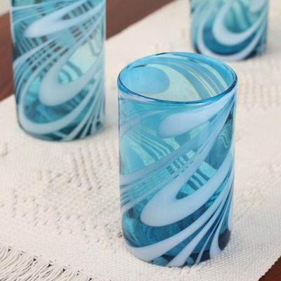 Alternate image for 6 Mexican Hand Blown 15 oz Water Glasses in Aqua and White Whirling Aquamarine