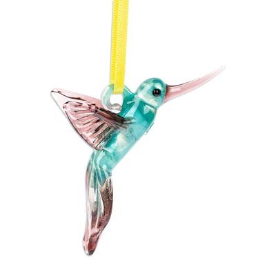 Alternate image for Handblown Recycled Glass Hummingbird Ornament in Cyan Cyan Paradise Hummingbird
