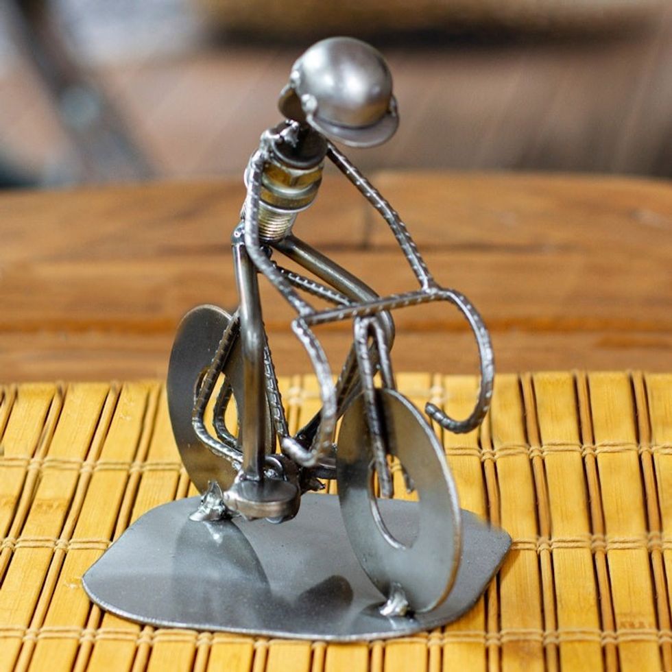 Original Iron Bicycle Statuette Recyled Car Parts Mexico 'Rustic Cyclist'