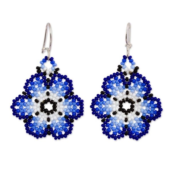 Alternate image for Glass Beaded Floral Dangle Earrings in Blue from Mexico Royal Flowers