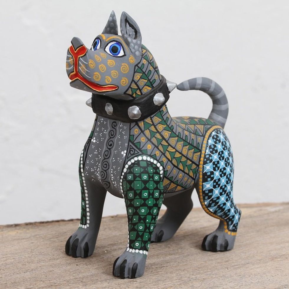 Hand-Painted Wood Alebrije Canine Sculpture from Mexico 'Strong Canine'