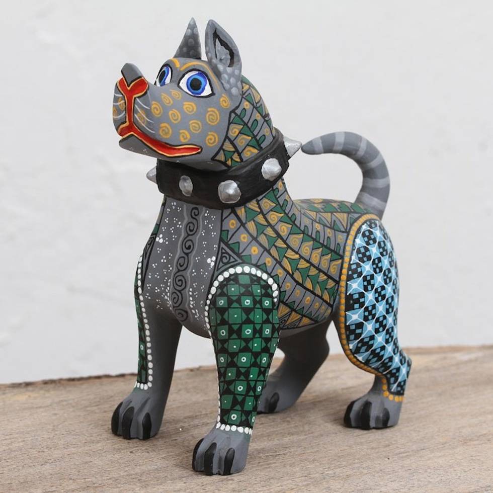 Hand-Painted Wood Alebrije Canine Sculpture from Mexico 'Strong Canine'