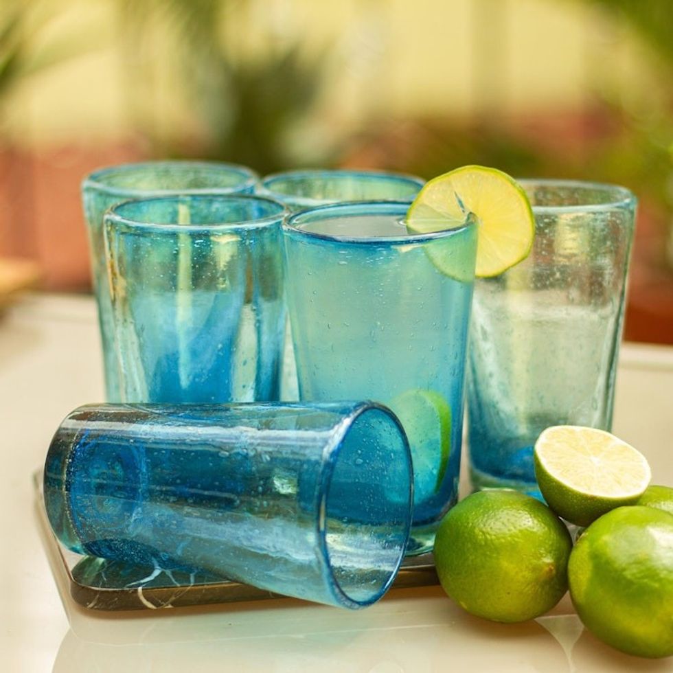 Set of 6 Aquamarine Hand Blown 15 oz Tumblers 'Aquamarine Bubbles'