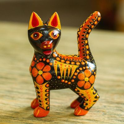 Alternate image for Wood Alebrije Cat Figurine in Orange from Mexico Fiery Cat