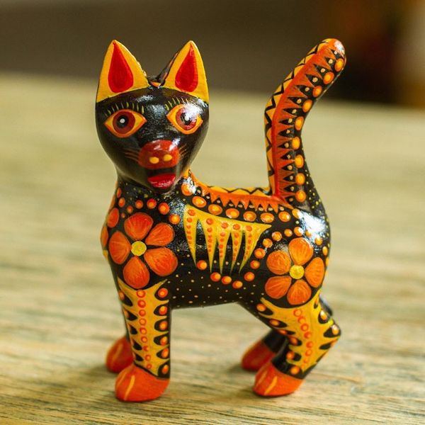 Alternate image for Wood Alebrije Cat Figurine in Orange from Mexico Fiery Cat