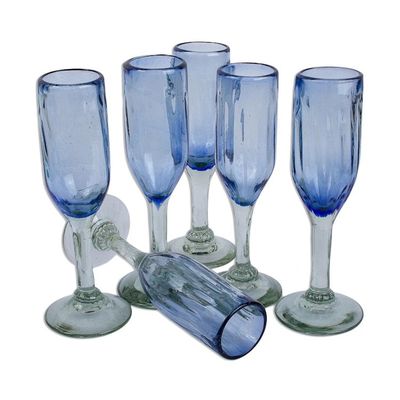 Alternate image for Hand Blown Blue Recycled Glass Champagne Flutes Set of 6 Fiesta Azul